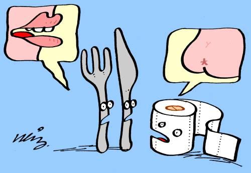Cartoon: What things talk about - Part 1 (medium) by neilo tagged knife,fork,cutlery,toiletroll,bottom,bum,mouth