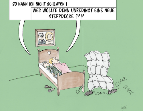 Cartoon: Die Steppdecke (medium) by beangrphx tagged steppdecke,steppschuhe,steppen,tanzen,party,schlafzimmer,ehepaar,ehebett,meinungsverschiedenheit,streit,lärm,krach,klappern,wortwitz