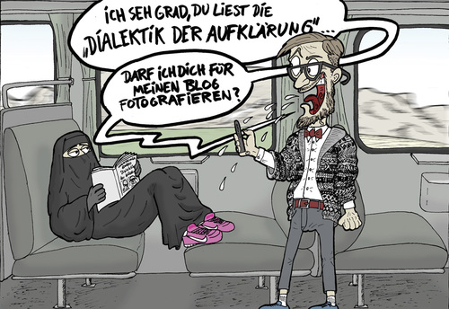 Cartoon: Niqab oder Knitwear (medium) by Weltasche tagged bahn,zugabteil,kleiderordnung,schleiher,islam,niqab,philosophie,schule,frankfurter,horkheimer,adorno,aufklärung,dialektik