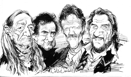 Cartoon: Cash Kristofferson Willie Waylon (medium) by Colin A Daniel tagged johnny,cash,willie,nelson,kris,kristofferson,waylon,jennings,caricatures,colin,daniel