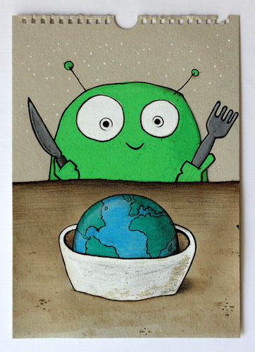 Cartoon: good morning (medium) by stefan hoch tagged good,morning,breakfast,alien,earth,world,welt,frühstück