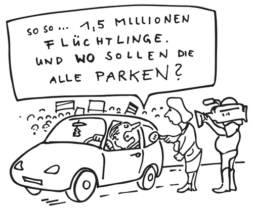 Cartoon: Sorgen deutscher Autofahrer (medium) by kgbr tagged flüchtlinge,asyl,sorgen,asylbewerber,deutsch,deutsche,problem,aktuell,krise,asylant,parken,auto,parkplatz,absurd,millionen,prognose,2015,asylsuchender,autofahrer