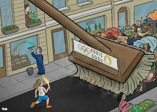 Cartoon: 2024 Paris Olympics (medium) by Tjeerd Royaards tagged paris,olympics,2024,city,cleaning,homeless,migrants,marketing,paris,olympics,2024,city,cleaning,homeless,migrants,marketing