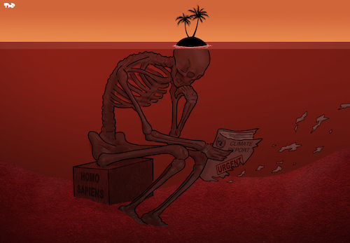 Cartoon: Another Urgent Climate Report (medium) by Tjeerd Royaards tagged un,climate,sea,global,warming,thinker,skeleton,report,action,island,un,climate,sea,global,warming,thinker,skeleton,report,action,island