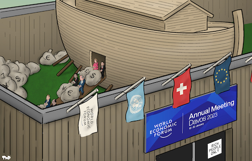 Cartoon: Ark of Davos (medium) by Tjeerd Royaards tagged wef,davos,rich,money,wealth,ark,wef,davos,rich,money,wealth,ark