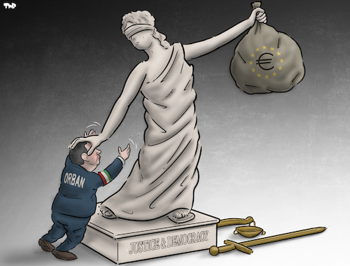 Cartoon: Blocking Orban (medium) by Tjeerd Royaards tagged orban,hungary,eu,europe,funding,funds,money,orban,hungary,eu,europe,funding,funds,money