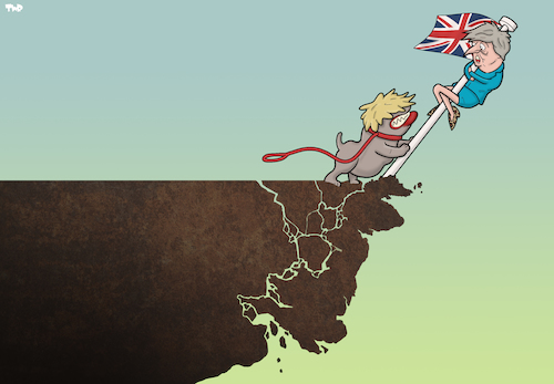 Cartoon: Boris and Theresa (medium) by Tjeerd Royaards tagged uk,brexit,britain,cliff,fall,uk,brexit,britain,cliff,fall