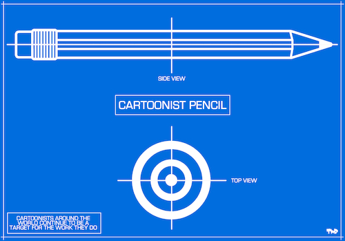 Cartoon: Cartoonist Pencil (medium) by Tjeerd Royaards tagged charlie,hebdo,anniversary,target,danger,cartoons,cartoonist,blueprint,pencil,charlie,hebdo,anniversary,target,danger,cartoons,cartoonist,blueprint,pencil