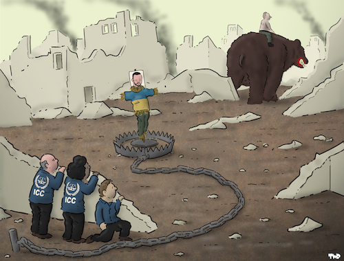 Cartoon: Catching Putin (medium) by Tjeerd Royaards tagged icc,putin,justice,ukraine,russia,icc,putin,justice,ukraine,russia