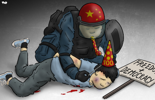 Cartoon: Celebration (medium) by Tjeerd Royaards tagged china,democracy,xi,jinping,oppression,freedom,anniversary,celebration,china,democracy,xi,jinping,oppression,freedom,anniversary,celebration