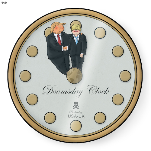 Cartoon: Doomsday Clock (medium) by Tjeerd Royaards tagged boris,johnson,donald,trump,brexit,uk,usa,leaders,world,boris,johnson,donald,trump,brexit,uk,usa,leaders,world