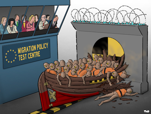 Cartoon: EU migration policy (medium) by Tjeerd Royaards tagged migration,eu,europe,refugees,boat,wall,mediterranean,migration,eu,europe,refugees,boat,wall,mediterranean