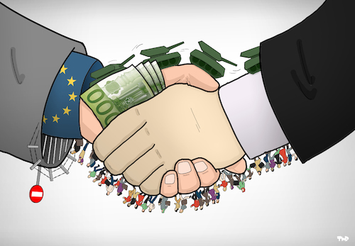 Cartoon: European Arms Exports (medium) by Tjeerd Royaards tagged europe,war,weapons,refugees,money,europe,war,weapons,refugees,money