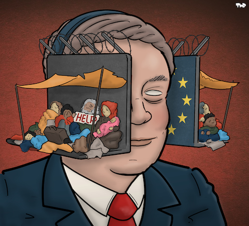 Cartoon: European politician (medium) by Tjeerd Royaards tagged eu,refugees,camp,moria,border,wall,europe,eu,refugees,camp,moria,border,wall,europe