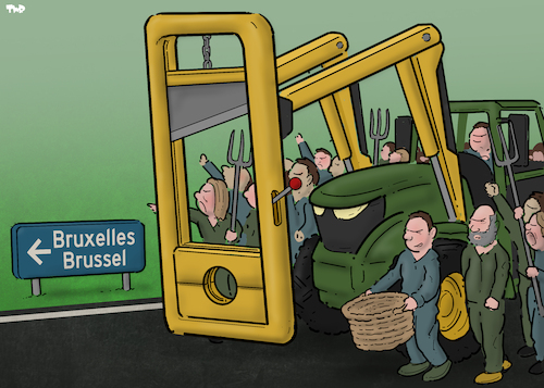 Cartoon: Farmer protests (medium) by Tjeerd Royaards tagged farmers,eu,europe,demostration,protest,guillotine,farmers,eu,europe,demostration,protest,guillotine