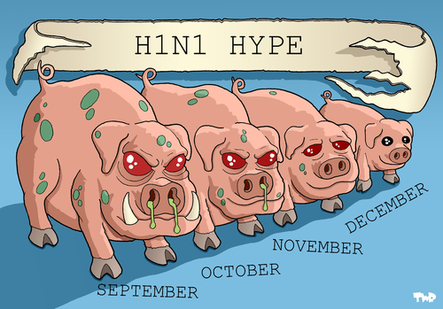 Cartoon: H1N1 Hype (medium) by Tjeerd Royaards tagged h1n1,mexican,flu,swine,disease,pandemic,illness,sick,h1n1,schweinegrippe,krankheit,gesundheit,grippe,schweine,schwein