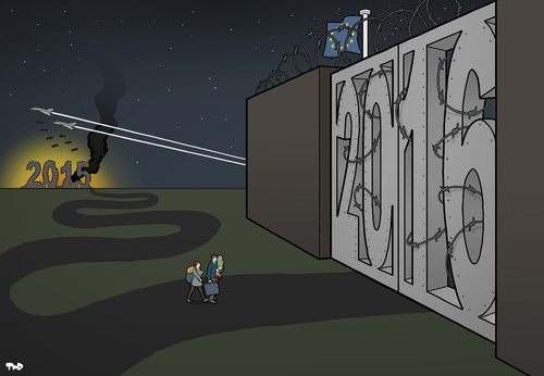 Cartoon: Happy New Year (medium) by Tjeerd Royaards tagged 2015,2016,refugees,europe,syria,new,year,migration,2015,2016,refugees,europe,syria,new,year,migration