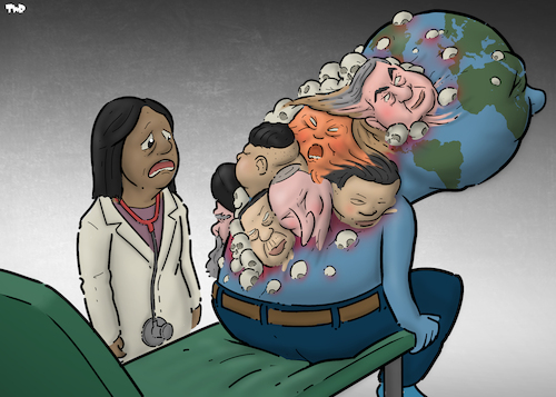 Cartoon: How bad is it doc? (medium) by Tjeerd Royaards tagged earth,health,dictators,rulers,cancer,tumor,malignant,earth,health,dictators,rulers,cancer,tumor,malignant