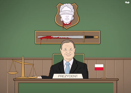 Cartoon: Judicial reform in Poland. (medium) by Tjeerd Royaards tagged poland,lady,justice,judge,law,duda,reform,eu,europe,poland,lady,justice,judge,law,duda,reform,eu,europe