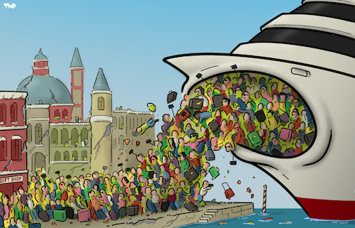 Cartoon: Mass tourism (medium) by Tjeerd Royaards tagged europe,summer,mass,tourism,tourists,vacation,holiday,damage,destruction,venice,cruise,ship,europe,summer,mass,tourism,tourists,vacation,holiday,damage,destruction,venice,cruise,ship