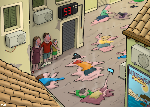 Cartoon: Mediterranean holiday (medium) by Tjeerd Royaards tagged holiday,vacation,climate,heat,melting,crisis,holiday,vacation,climate,heat,melting,crisis