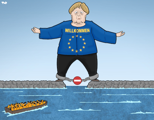 Cartoon: Merkel and Migrants (medium) by Tjeerd Royaards tagged migration,eu,merkel,migration,eu,merkel