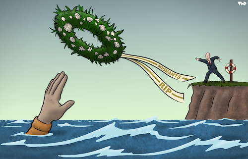 Cartoon: Migrants drowning (medium) by Tjeerd Royaards tagged migrants,refugrees,boat,drowning,border,uk,eu,migrants,refugrees,boat,drowning,border,uk,eu