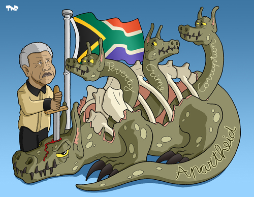 Cartoon: Nelson Mandela (medium) by Tjeerd Royaards tagged mandela,apartheid,south,africa,corruption,crime,poverty,slums,nelson mandela,südafrika,afrika,armut,arm,slums,kriminalität,verbrechen,apartheid,korruption,nelson,mandela