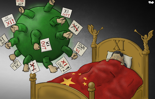 Cartoon: Nightmare virus (medium) by Tjeerd Royaards tagged china,zero,covid,xi,jinping,protests,dictator,china,zero,covid,xi,jinping,protests,dictator