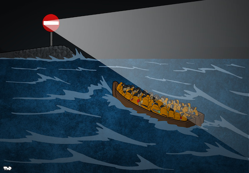 Cartoon: No Safe Haven (medium) by Tjeerd Royaards tagged migration,refugees,sea,boat,lighthouse,beacon,no,entry,eu,europe,migration,refugees,sea,boat,lighthouse,beacon,no,entry,eu,europe