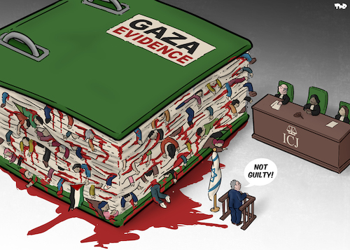 Cartoon: Not guilty! (medium) by Tjeerd Royaards tagged icj,israel,gaza,palestine,genocide,justice,icj,israel,gaza,palestine,genocide,justice