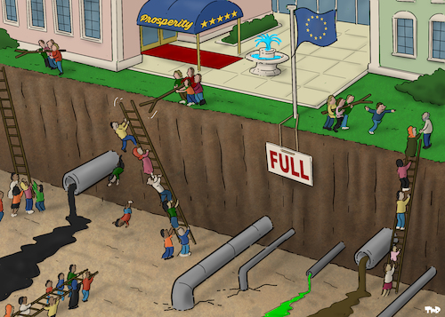 Cartoon: Not sharing (medium) by Tjeerd Royaards tagged eu,border,migration,wealth,prosperity,sharing,migrants,eu,border,migration,wealth,prosperity,sharing,migrants