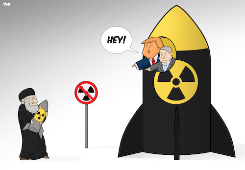 Cartoon: Nuclear Playground (medium) by Tjeerd Royaards tagged trump,netanyahu,israel,iran,deal,usa,nuclear,weapons,bombs,ban,trump,netanyahu,israel,iran,deal,usa,nuclear,weapons,bombs,ban