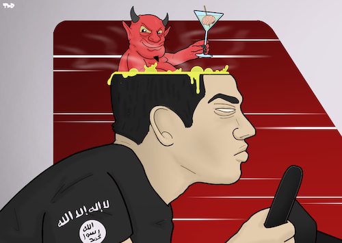 Cartoon: Portrait of a Terrorist (medium) by Tjeerd Royaards tagged barcelona,attack,devil,terrorism,terror,isis,islamc,state,brainwashed,barcelona,attack,devil,terrorism,terror,isis,islamc,state,brainwashed