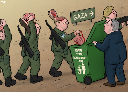 Cartoon: Preparing for deployment (medium) by Tjeerd Royaards tagged gaza,soldiers,idf,morality,conscience,genocide,netanyahu,gaza,soldiers,idf,morality,conscience,genocide,netanyahu