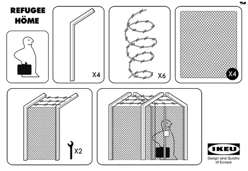 Cartoon: Refugee Home (medium) by Tjeerd Royaards tagged migrants,refugees,euope,fence,wall,ikea,migrants,refugees,euope,fence,wall,ikea