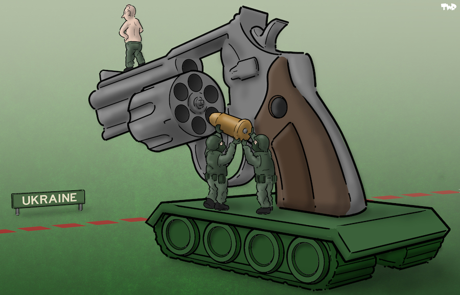 Cartoon: Russian roulette (large) by Tjeerd Royaards tagged putin,russia,ukraine,russian,roulette,border,invasion,threat,putin,russia,ukraine,russian,roulette,border,invasion,threat