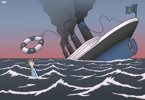 Cartoon: Saved (medium) by Tjeerd Royaards tagged greece,europe,titanic,euro,eurozone,sinking,saved,bailout,debt,greece,europe,titanic,euro,eurozone,sinking,saved,bailout,debt
