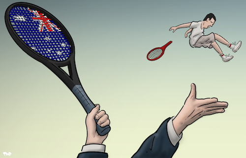 Cartoon: Serve. (medium) by Tjeerd Royaards tagged djokovic,tennis,australia,visum,novak,revoked,djokovic,tennis,australia,visum,novak,revoked