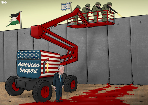 Cartoon: The enabler (medium) by Tjeerd Royaards tagged gaza,palestine,israel,usa,biden,support,gaza,palestine,israel,usa,biden,support