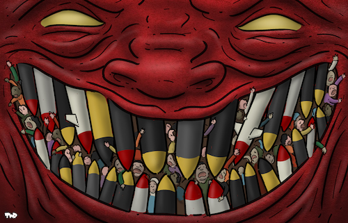 Cartoon: The face of war (medium) by Tjeerd Royaards tagged war,violence,missiles,devil,satan,victims,weapons,war,violence,missiles,devil,satan,victims,weapons
