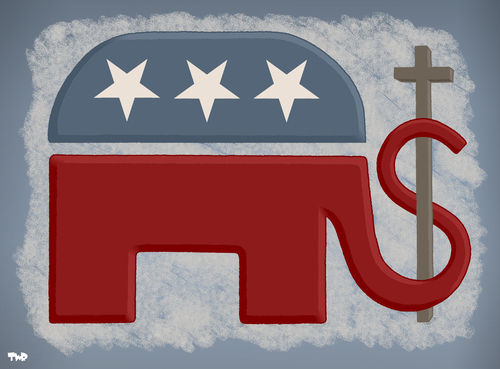 Cartoon: The Republican Party (medium) by Tjeerd Royaards tagged religion,romney,usa,obama,ryan,democracy,democrats,elections,capitalism,faith,god,religion,romney,usa,obama,ryan,democracy,democrats,elections,capitalism,faith,god