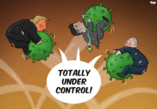 Cartoon: Totally Under Control (medium) by Tjeerd Royaards tagged trump,bolsonaro,putin,usa,russia,brazil,coronavirus,pandemic,response,trump,bolsonaro,putin,usa,russia,brazil,coronavirus,pandemic,response