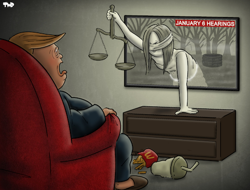 Cartoon: Trump and justice (medium) by Tjeerd Royaards tagged justice,democracy,january,donald,trump,usa,capitol,hearings,justice,democracy,january,donald,trump,usa,capitol,hearings