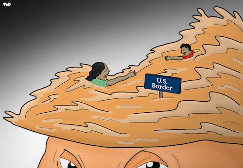 Cartoon: US Border (medium) by Tjeerd Royaards tagged trump,hair,migration,mirgant,immigration,child,family,mother,trump,hair,migration,mirgant,immigration,child,family,mother