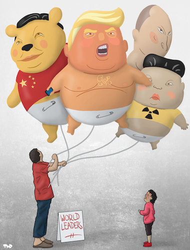 Cartoon: World Leaders (medium) by Tjeerd Royaards tagged trump,putin,xi,jiping,kim,scary,balloon,child,trump,putin,xi,jiping,kim,scary,balloon,child