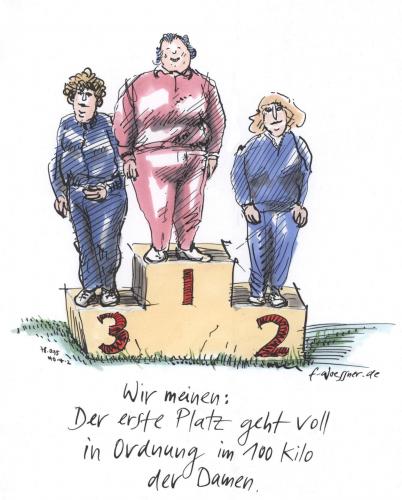 Cartoon: 100 kilo damen (medium) by woessner tagged olympia,sport,disziplin,china,frau,konsum,dick,fett,schwer,wettbewerb,ehrgeiz,stutenbissig,siegertreppchen,olympia,a probe,amaury sport organisation,amphetamine,anabolika,antidopingkontrolle,aso,athletik,b probe,beijing,blutdoping,blutprobe,boykott,bronze,buddhismus,china,cortison,dalai lama,demokratie,demonstration,doping,dopingliste,dopingskandal,dopingtest,eigenblutdoping,epo,fackellauf,filmverbot,flaggenverbot,freistaat tibet,gefängnisstrafe,glenbuterol,gold,goldmedaillie,griechenland,hämatokritwert,internetverbot,kameraverbot,medikamentenmissbrauch,meinungsfreiheit,menschenrechte,militär,militärdiktatur,mönch,olympiade,olympische kommitee,olympische spiele,peking,pharmaindustrie,pressefreiheit,propaganda,rufmord,sauberes spiel,silber,sport,sportdrill,steroide,stille diplomatie,taiwan,testosteron,tibet,tibetaktivist,kilogramm,urinprobe,wachstumshormone,zensur,disziplin,konsum,dick,fett,schwer,wettbewerb,ehrgeiz,stutenbissig,siegertreppchen,amaury,organisation,dalai,lama,freistaat,olympische,kommitee,spiele,sauberes,spiel,stille,diplomatie,probe