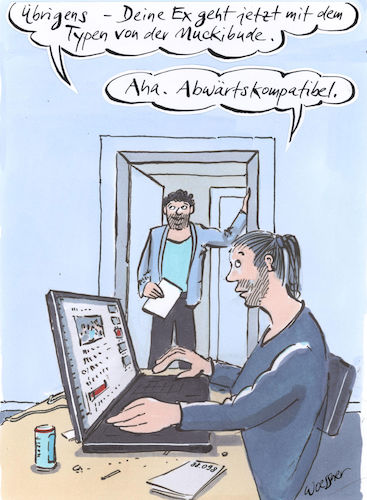 Cartoon: abwärtskompatibel (medium) by woessner tagged woessner,cartoons,karikaturen,sprache,umgangssprache,it,internet,kompatibilität,pc,windows,mac,technik,fortschritt,weiterentwicklung,fitnessstudio,muckibude,bodybuilder,niveau,intelligenz,abwärtskompatibel,beziehung,expartner,trennung,computersprache,computersysteme,erneuerung,update,systemwechsel,betriebssysteme,scheidung,auseinanderleben,woessner,cartoons,karikaturen,sprache,umgangssprache,it,internet,kompatibilität,pc,windows,mac,technik,fortschritt,weiterentwicklung,fitnessstudio,muckibude,bodybuilder,niveau,intelligenz,abwärtskompatibel,beziehung,expartner,trennung,computersprache,computersysteme,erneuerung,update,systemwechsel,betriebssysteme,scheidung,auseinanderleben