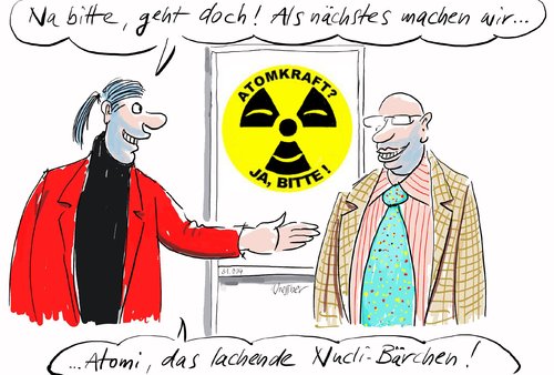 Cartoon: atomi (medium) by woessner tagged atomi,imagekampagne,public,relations,werbung,propaganda,atomindustrie,kernkraft,energie,wirtschaft,manipulation,korruption,bestechnung,werbung,propaganda,atomindustrie