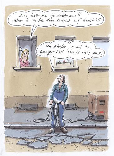 Cartoon: Aushalten (medium) by woessner tagged lärm,stress,aushalten,arbeit,verschleiss,bauarbeiter,wohnen,lärm,stress,aushalten,arbeit,verschleiss,bauarbeiter,wohnen,stadt,city,großstadt,bauen,bohren,bohrer,krach,ruhestörung,anwohner,bauarbeiten,job,beruf,nachbarschaft